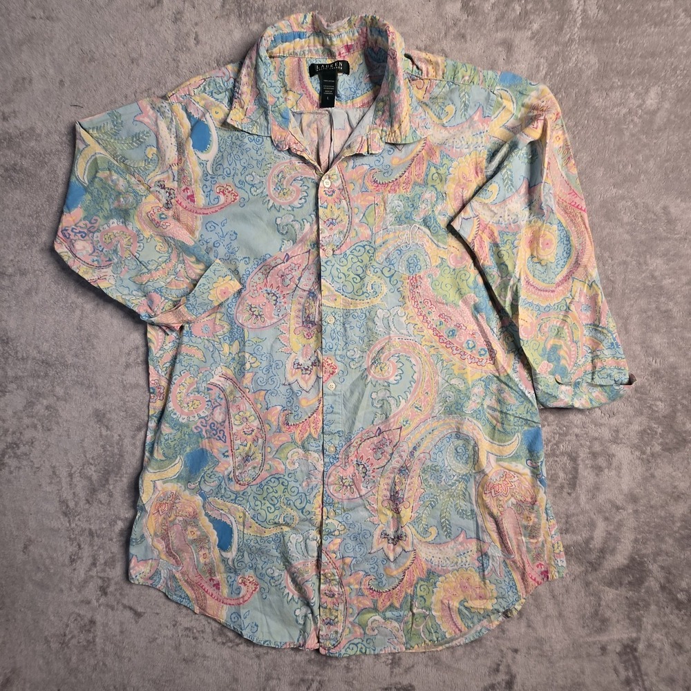 Lauren Ralph Lauren Button Up Sleep Shirt Large Blue Paisley Boho Preppy Y2K